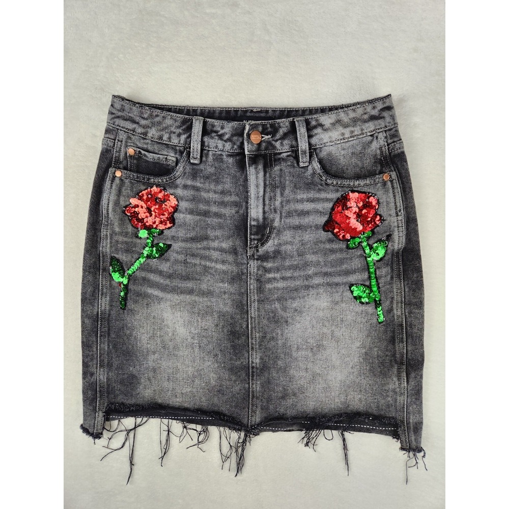 Buffalo Womens Black Denim Skirt Ivy W28" High Rise DIY Skirt Roses Sequin